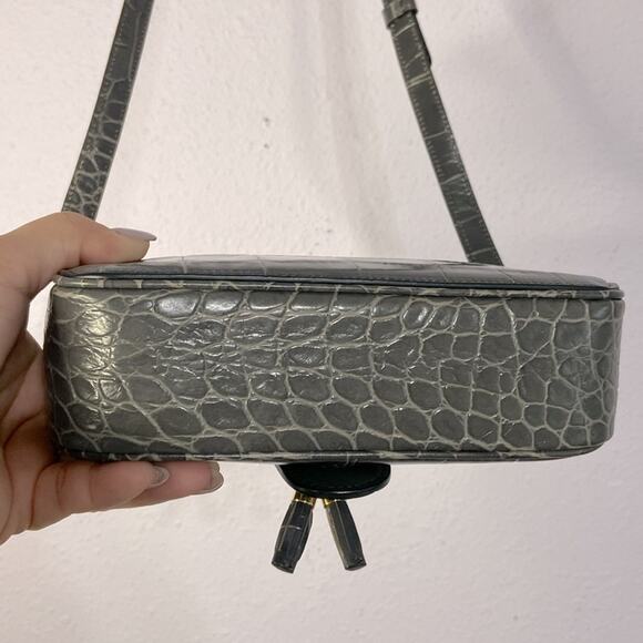Authentic Celine Women Gray Anthracite Croc Embossed Leather Tassel Handbag - Picture 9 of 15